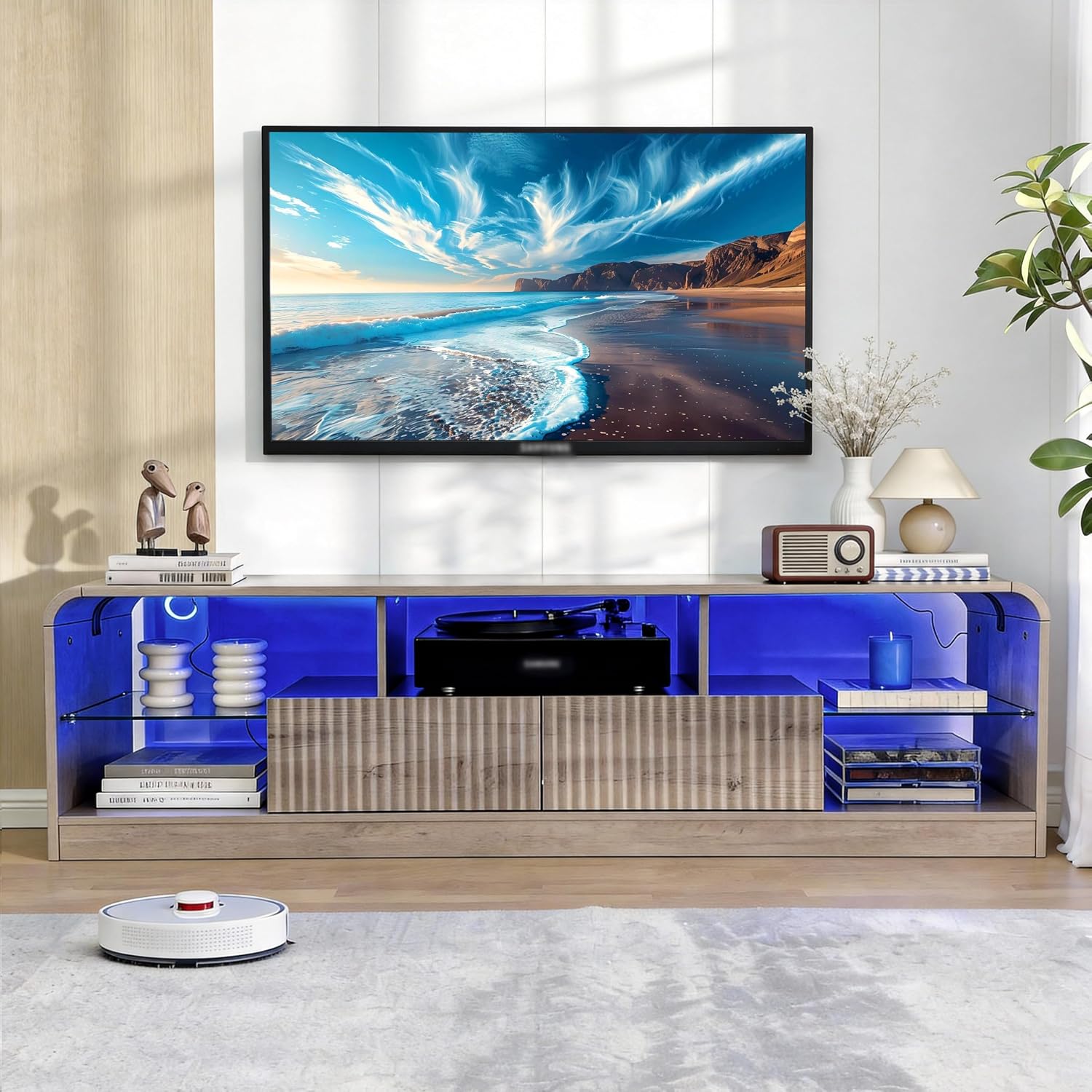 Wodeer Mid Century Modern TV Stand for 55 60 65 70 75 Inch TVs, Fluted TV Stands for Living Room with LED Lights, 63'' Entertainment Center with 2 Large Drawers & Glass Shelves, Grey