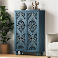 JOINICE 47' Tall Accent Cabinet with Navy Blue Mandala Carved Doors, Solid Wood Legs Storage Cabinet with 100 lbs Capacity, Boho Farmhouse Sideboard Buffet for Entryway, Living Room & Coffee Bar