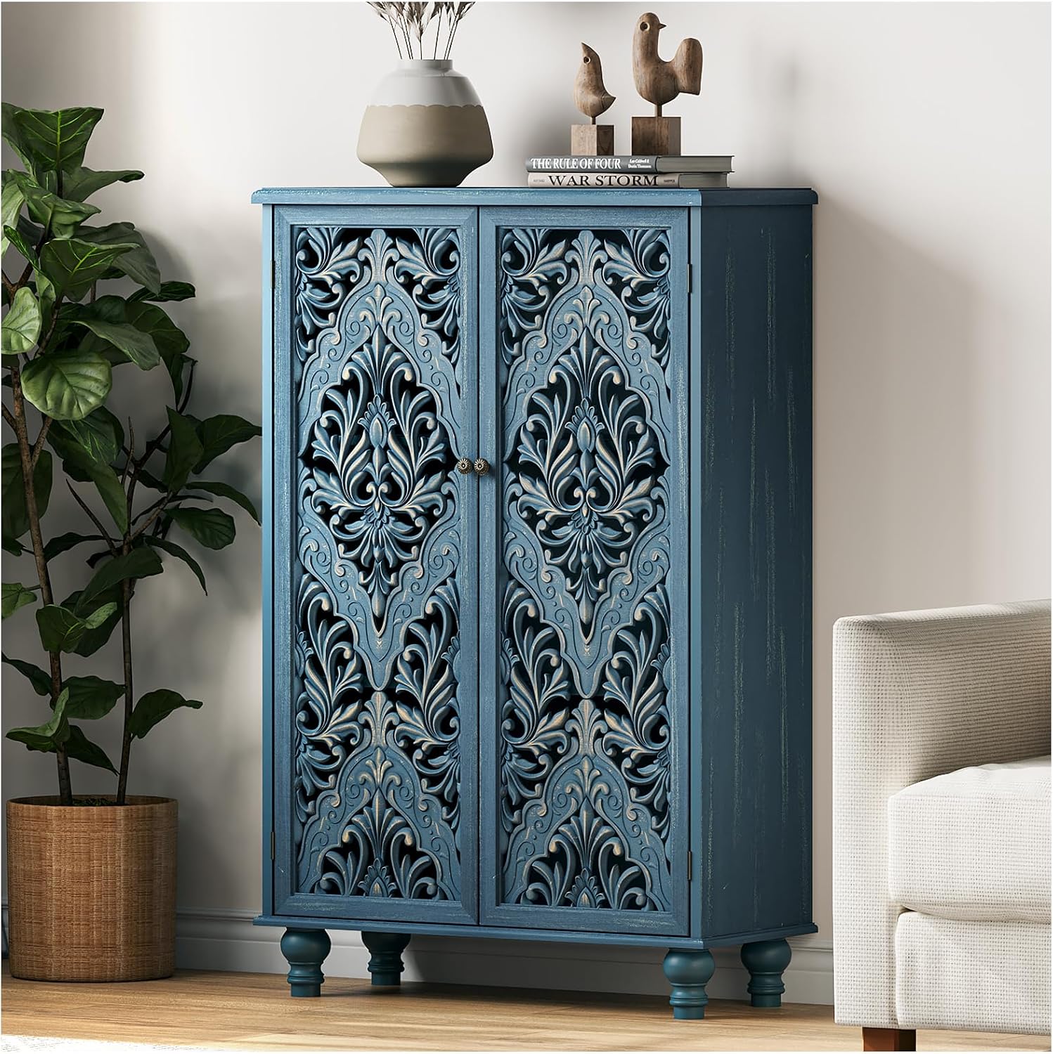 JOINICE 47' Tall Accent Cabinet with Navy Blue Mandala Carved Doors, Solid Wood Legs Storage Cabinet with 100 lbs Capacity, Boho Farmhouse Sideboard Buffet for Entryway, Living Room & Coffee Bar