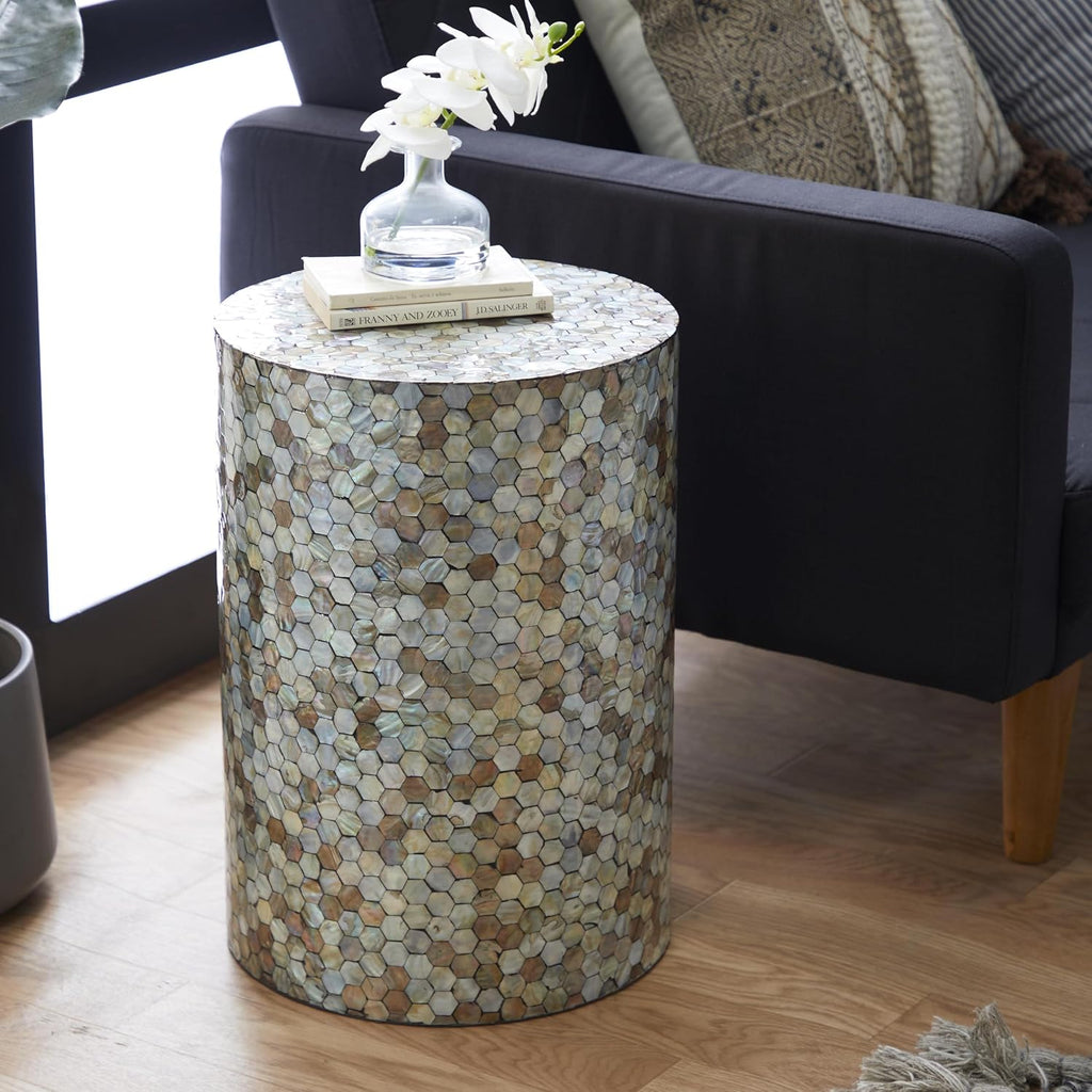 Deco 79 Mother of Pearl Shell Geometric Handmade Side End Accent Table Mosaic End Table, Side Table 14' x 14' x 20', Multi Colored