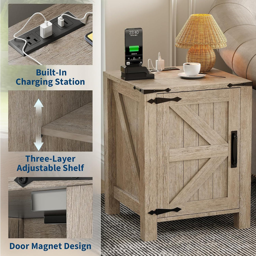 Garvee Rustic Farmhouse Nightstand Set of 2 with Charging Station, Barn Door and Adjustable Storage Shelf, Wooden Small Bedside Table, 18' Modern Two-Tier Nightstand & End Table for Bedroom