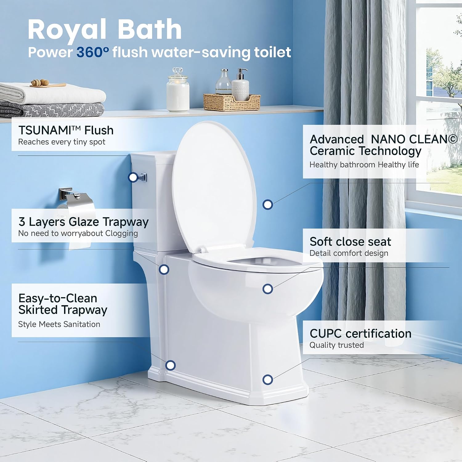 17.3' ADA Comfort Height Toilets with Hidden Drainage Port, 14' Wide Bowl Two Piece Toilets for Bathrooms, Tall Height, 1.28 GPF Single Power Flush Toilet with Jet Flush, 12' Rough In