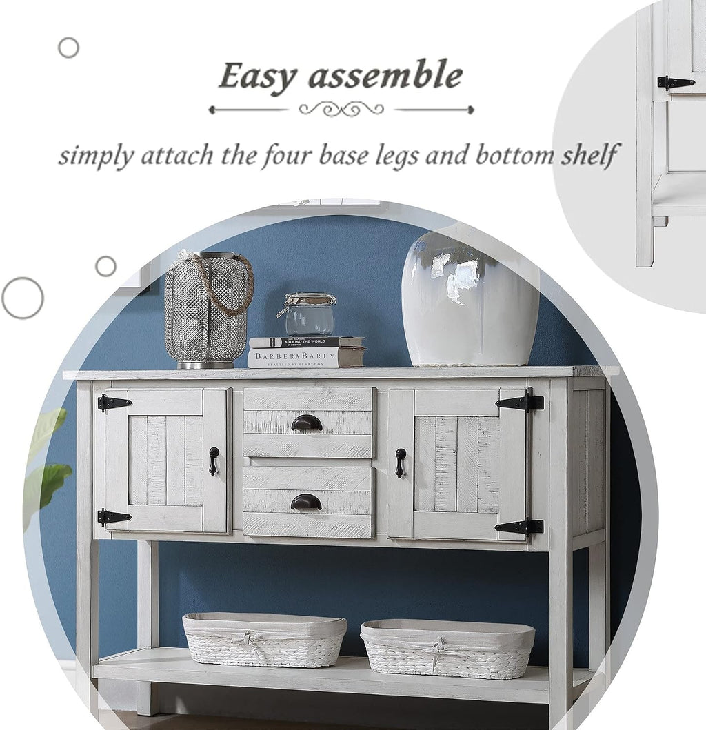 48' Console Table with 2 Drawers and Cabinets,Retro Style Storage Sideboard W/Bottom Shelf,for Entryway,Hallway,Living Room,Easy Assembly,Antique White
