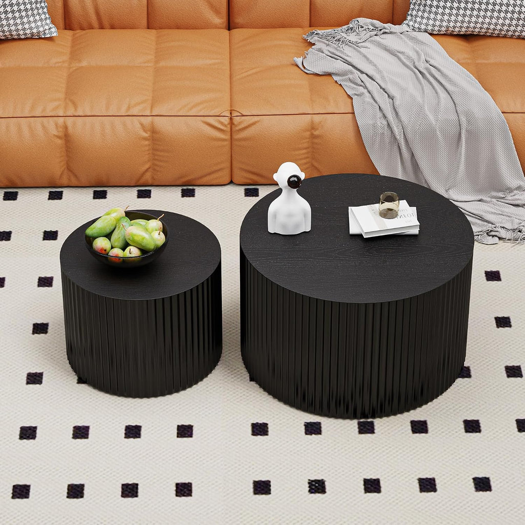 Round Nesting Coffee Table Wood Drum Nesting Tables Modern Stacking Coffee Table Set of 2 Fluted Center Table End Table for Living Room Home Office Small Spaces, No Assembling (Black Large)