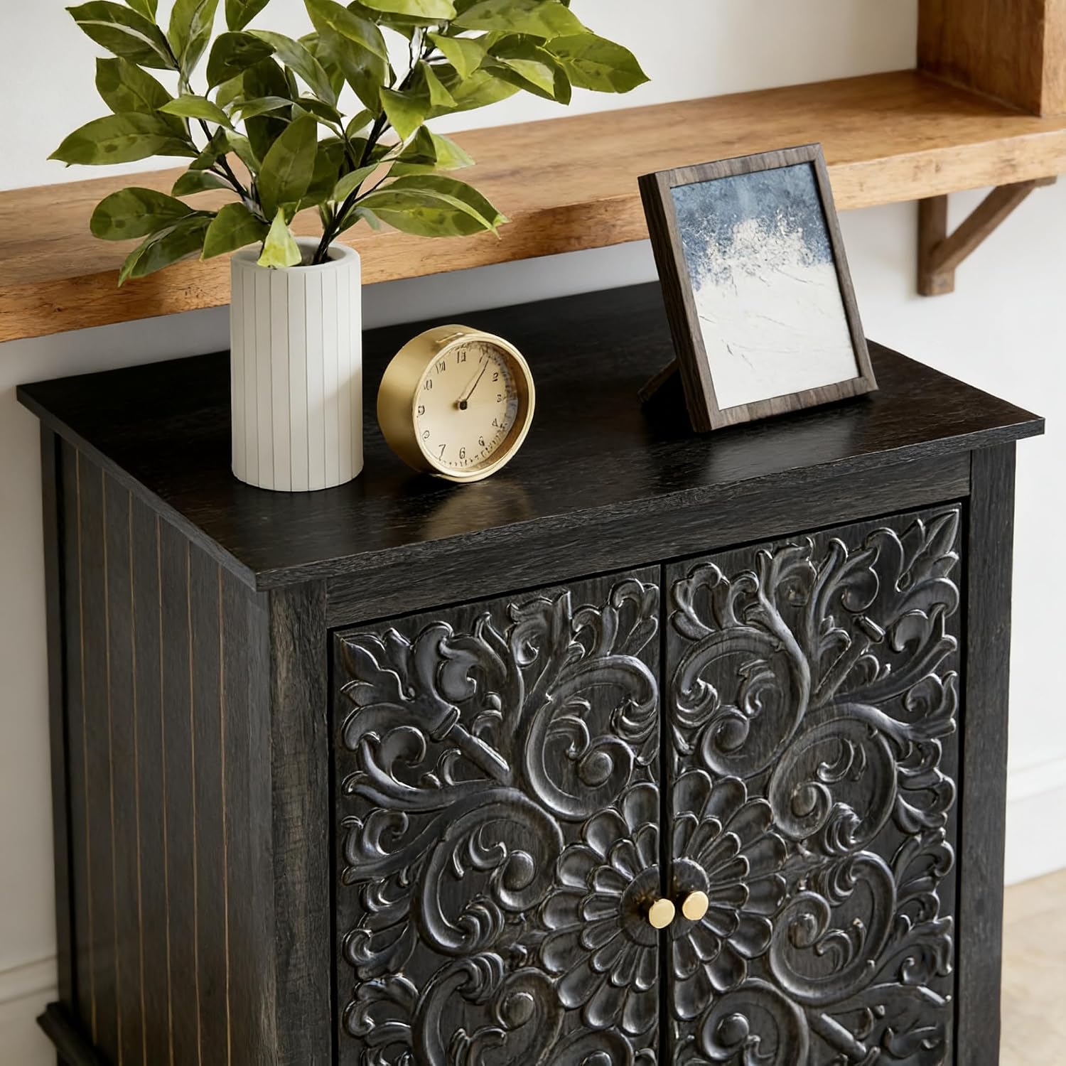 weselon Farmhouse End Table with Carved Floral Door, 24' Wide Nightstand with Adjustable Shelf, Wooden Square Sofa Side Table Storage Table for Living Room Bedroom (Antique Black-Brown)