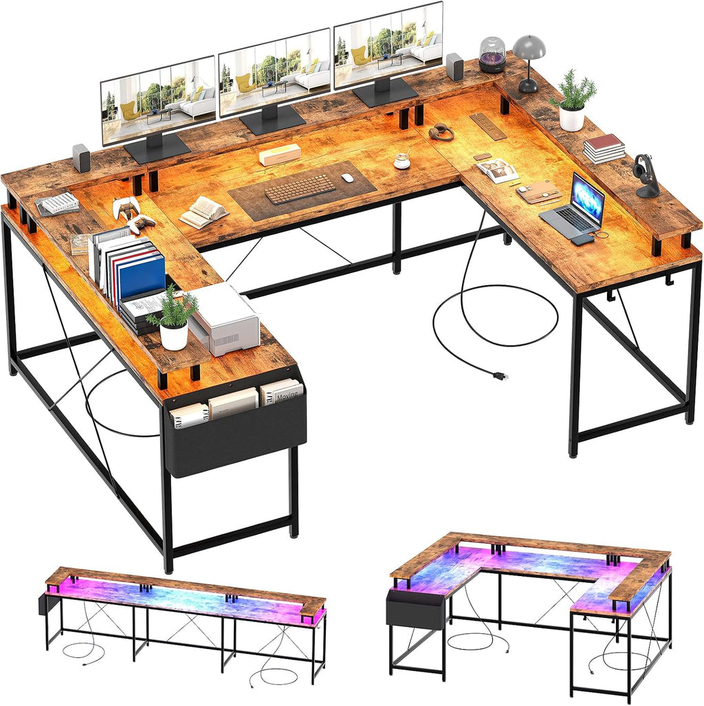 Jojoka U Shaped Computer Gaming Desk, Reversible L Shaped Desk with Power Outlets, LED Strip & Monitor Stand, Large Corner Desk with Storage Shelves for Home Office, Rustic Brown