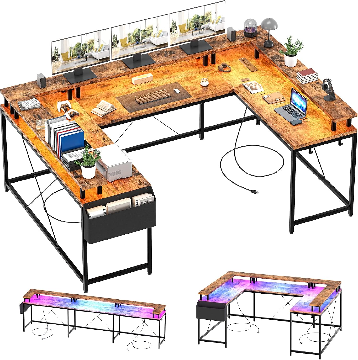 Jojoka U Shaped Computer Gaming Desk, Reversible L Shaped Desk with Power Outlets, LED Strip & Monitor Stand, Large Corner Desk with Storage Shelves for Home Office, Rustic Brown