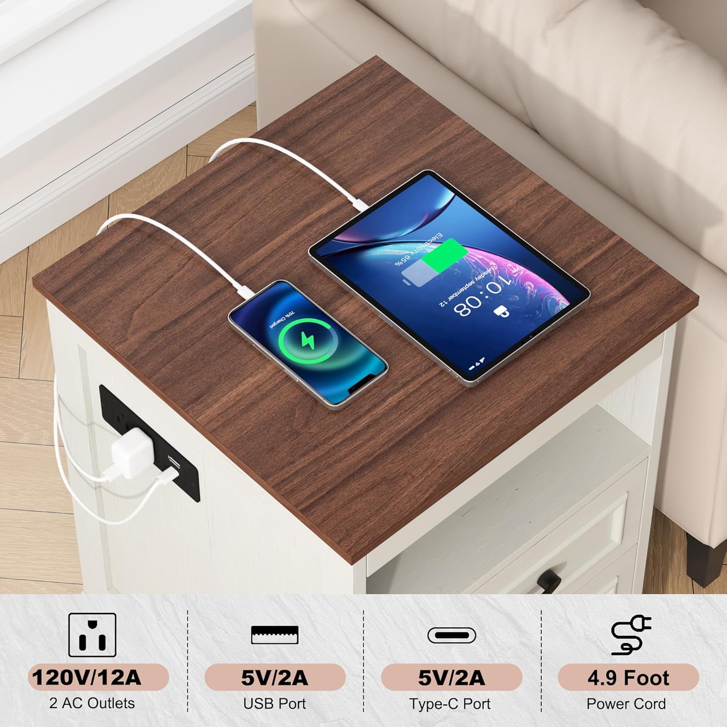 Gadroad 18' Farmhouse Accent Nightstand with Charging Station, End Table with 3 Drawers Storage, Side Table, Bedside Cabinet for LivingRoom Bedroom Office, Brown