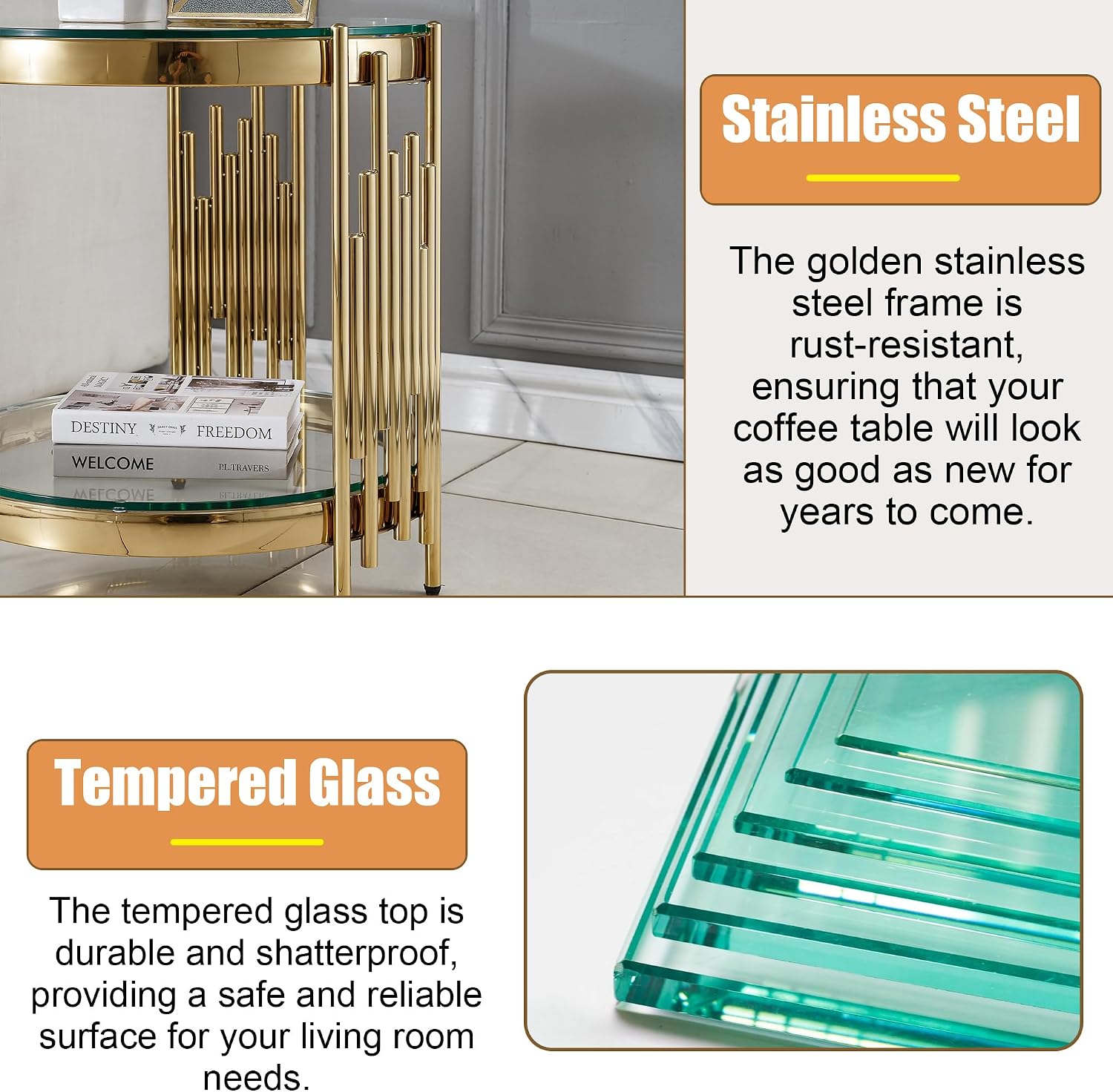 20' Round Glass End Table, 2-Tier Gold Side Table with Stainless Steel Legs and Clear Tempered Glass, Modern Luxury End Table for Living Room Home Office