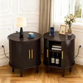 DHH Mid Century Modern Nightstand set of 2 with Charging Station, Fluted Accent Side Table with Sliding Door & Adjustable Shelf, End Table for Small Space, Living Room, Bedroom,Sofa Couch, Dark Walnut