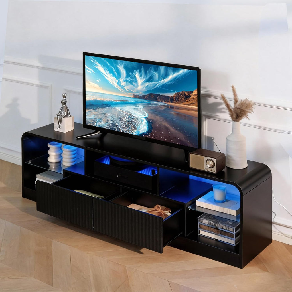 Wodeer Mid Century Modern TV Stand for 55 60 65 70 75 Inch TVs, Fluted TV Stands for Living Room with LED Lights, 63'' Entertainment Center with 2 Large Drawers & Glass Shelves, Black