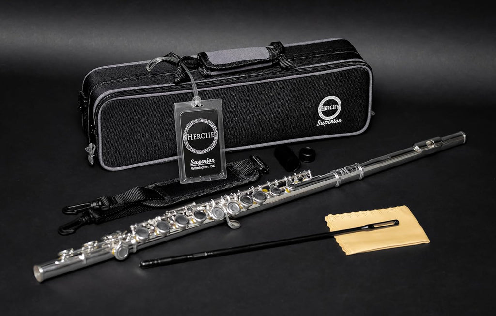 Flute Herche Superior Flute M2 Upgraded! | Professional Grade Musical Instruments for All Levels | SOLID NICKEL-SILVER | Complete Set, Shoulder Carry Case, Cleaning Rod, Tenon protectors, Service Plan