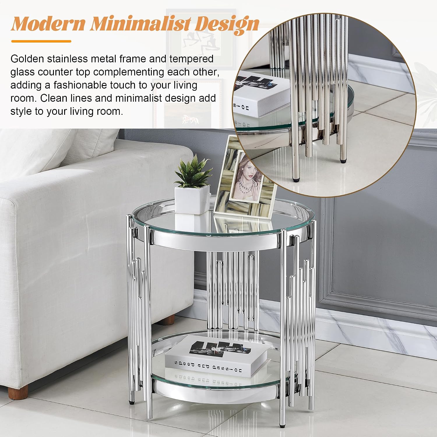20' Round Glass End Table, 2-Tier Silver Side Table with Stainless Steel Legs and Clear Tempered Glass, Modern Luxury End Table for Living Room Home Office