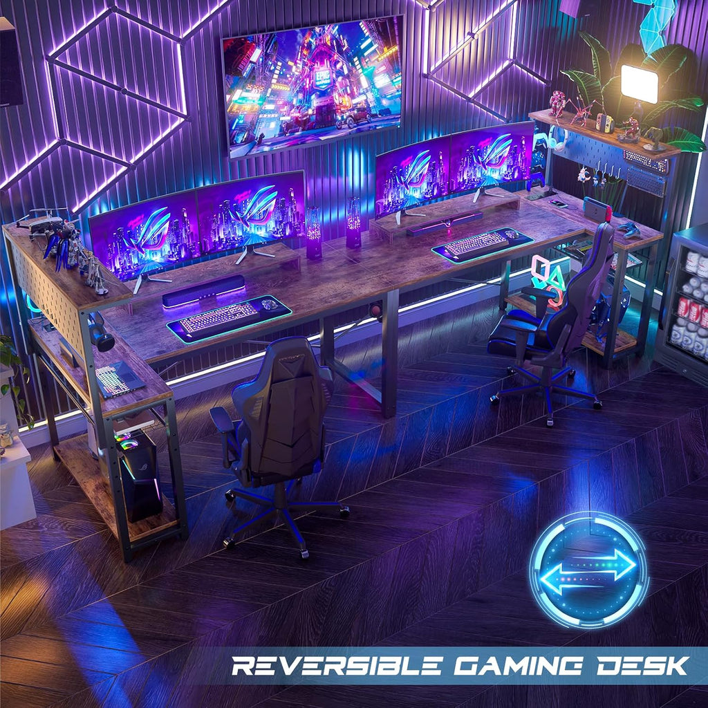 Homieasy Small Gaming Desk with Power Outlets Pegboard LED Light, 51 Inch L Shaped Computer Desk with Monitor Stand Storage Shelves, Reversible Corner Desk with Headset Hooks, Rustic Brown