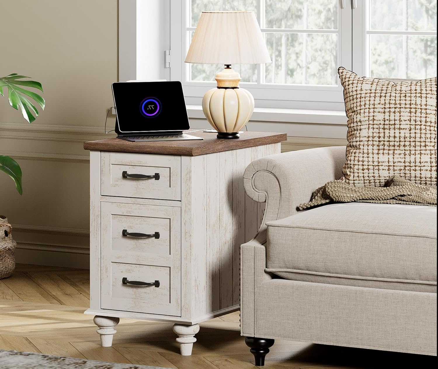 WAMPAT 2 Pack End Tables with Charging Station, Farmhouse Side Table with Drawer & Storage Cabinet, Antique White Nightstand with Power Outlets & USB Ports for Living Room, Bedroom