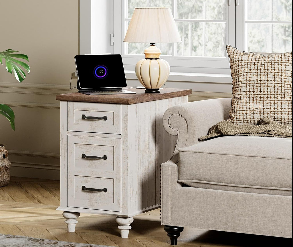 WAMPAT End Table with Charging Station, Antique White Side Table with Storage Cabinet & Drawer, Wooden Nightstand with Power Outlets & Type-C USB Ports for Bedroom, Dorm