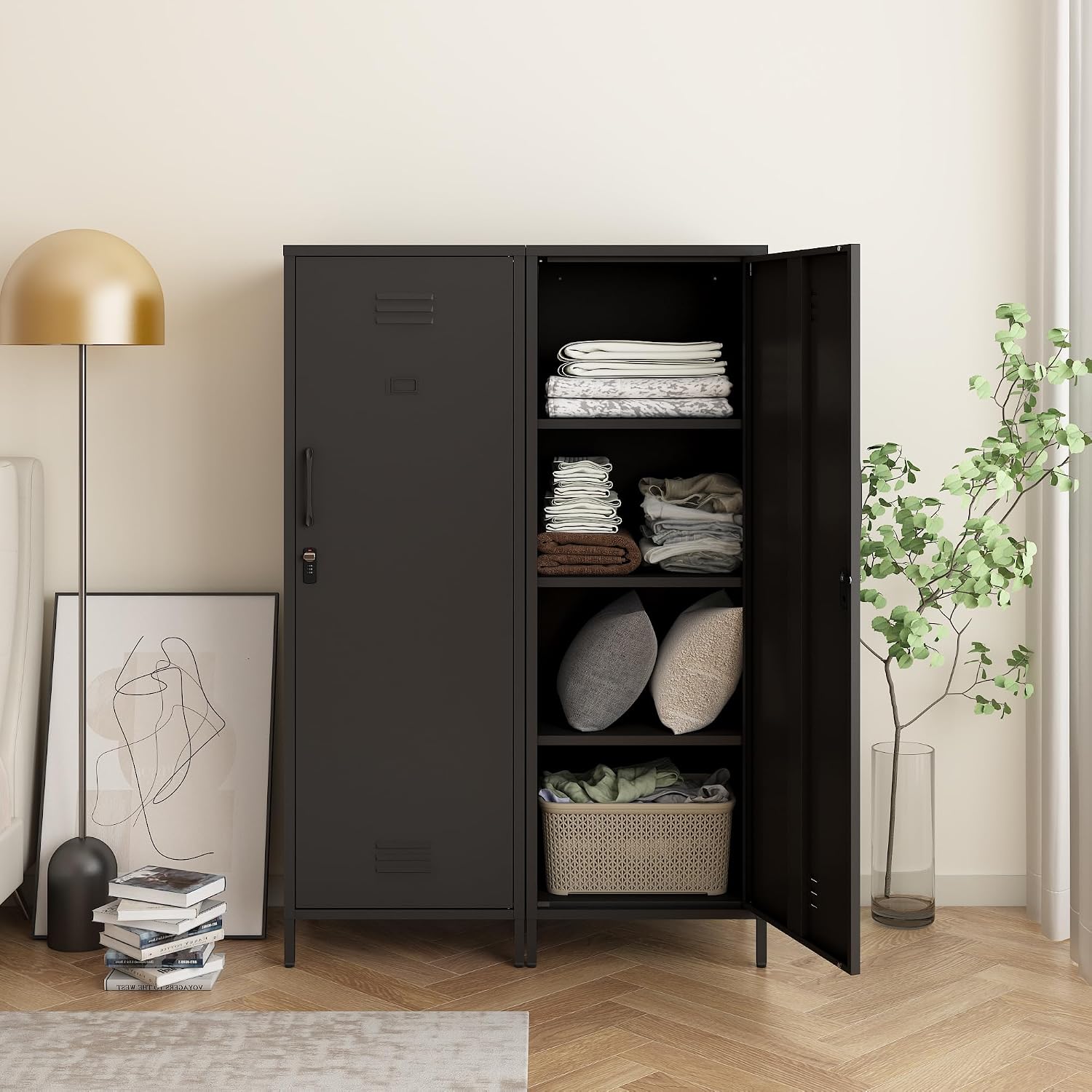 Steehoom Metal Storage Cabinet with Lock, Lockable Metal Single Door Cabinet Steel File Locker with 3 Adjustable Shelves 59.06-inch high for School, Living Room, Home, Office, Pantry (Black, H59.06'')