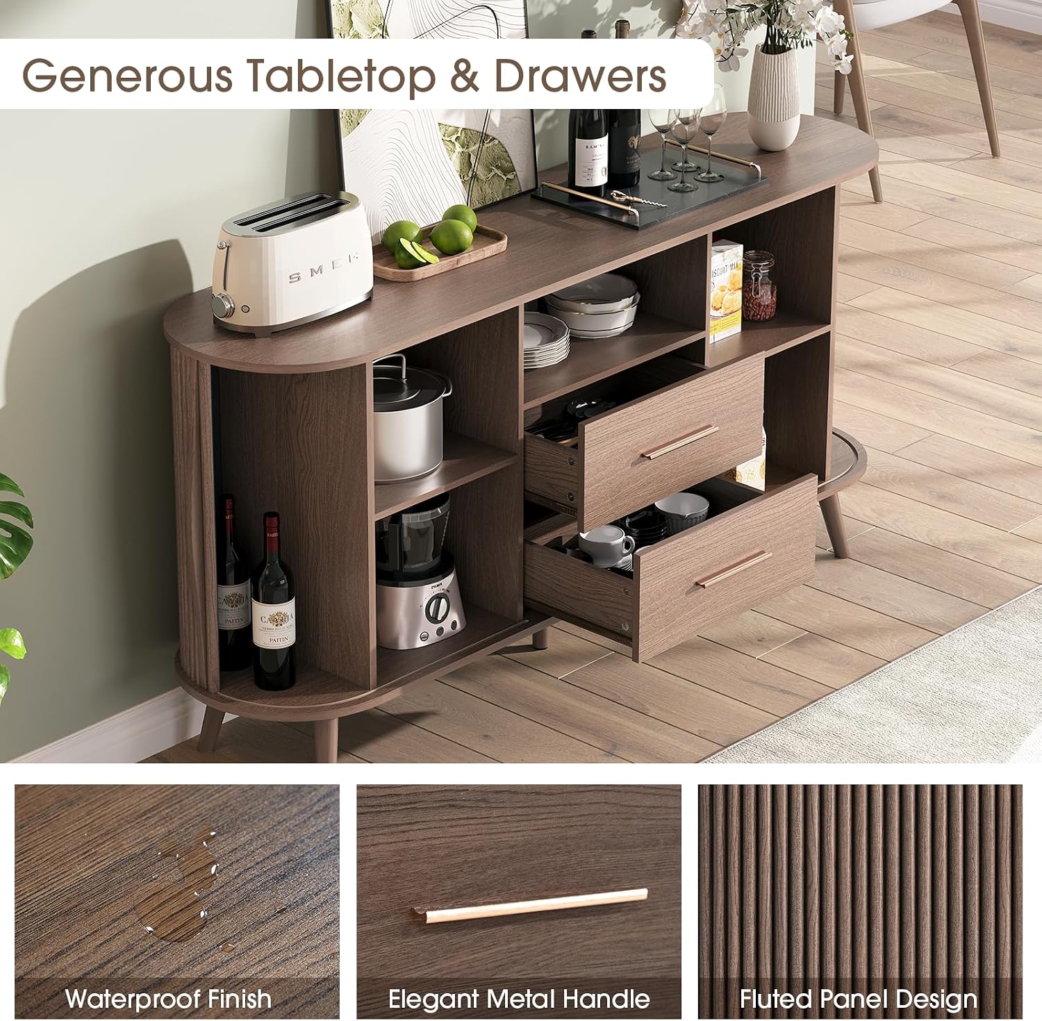 JOINICE 63' Fluted Storage Cabinet for Living Room,Mid-Century Modern Sideboard with Sliding Doors, Walnut Buffet Cabinet with Drawers & Solid Wood Legs, Large Accent Credenza for Home, Dining Room