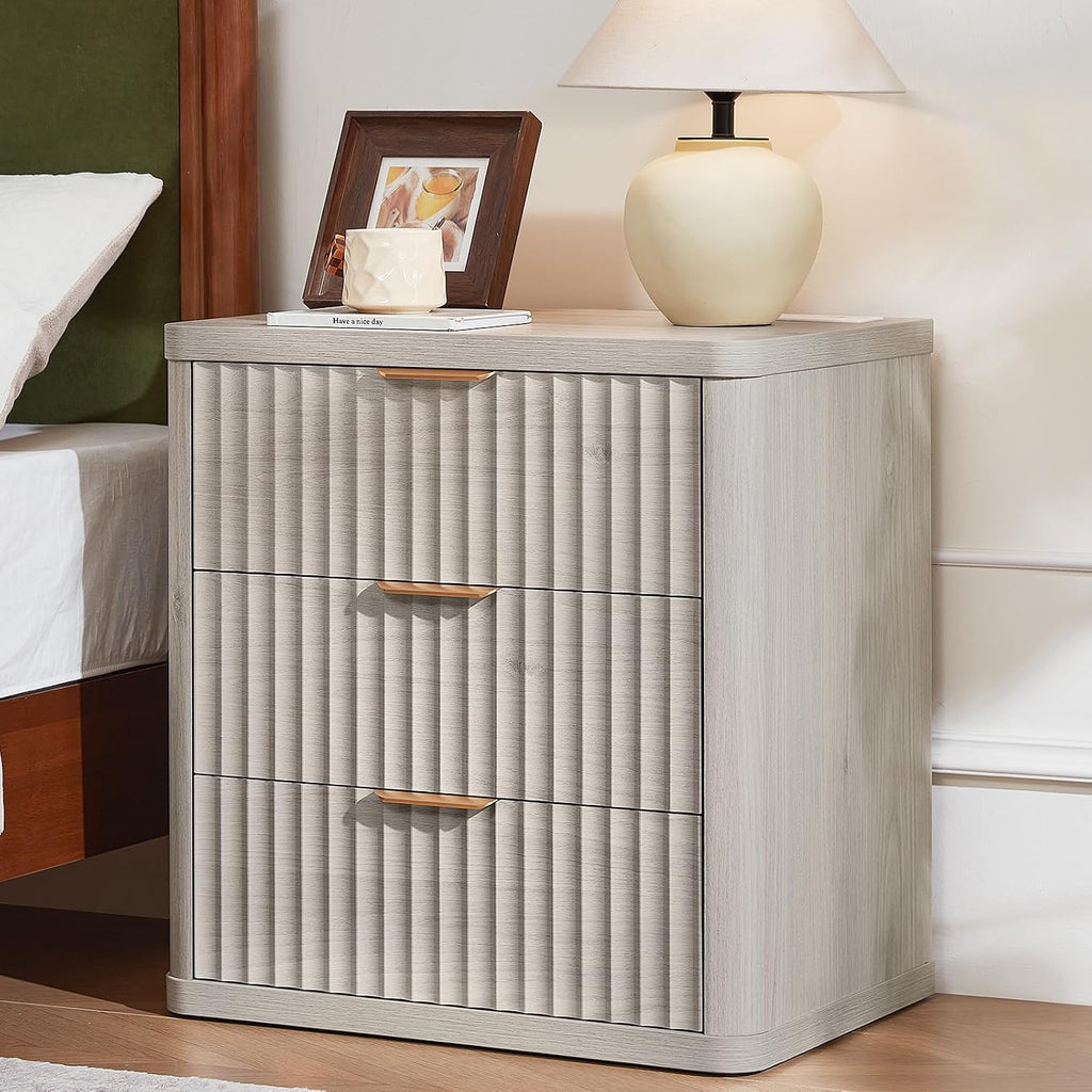 LEYAOYAO Fluted Nightstand with Charging Station, 23' Wide 3 Drawers Night Stand,LightGrey End Table with Open Storage,Farmhouse Bed Side Tables, Wood Dresser for Bedroom, Living Room, Closet