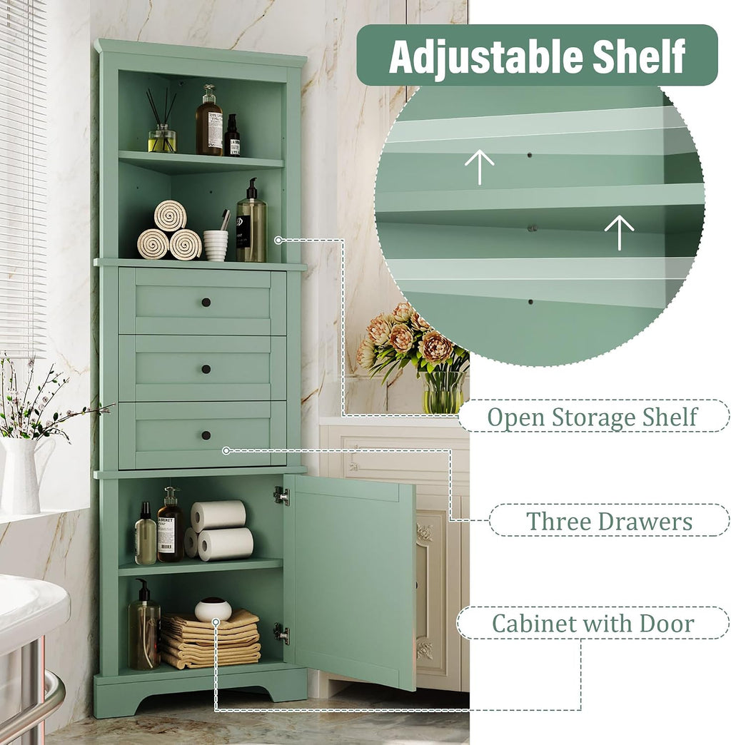 Corner Storage Cabinet with Adjustable Shelves, 68.9 in Tall | MDF, painted finish, adjustable shelves, corner fit, enclosed storage, bathroom, kitchen, 23 W x 13.4 D x 68.9 H in
