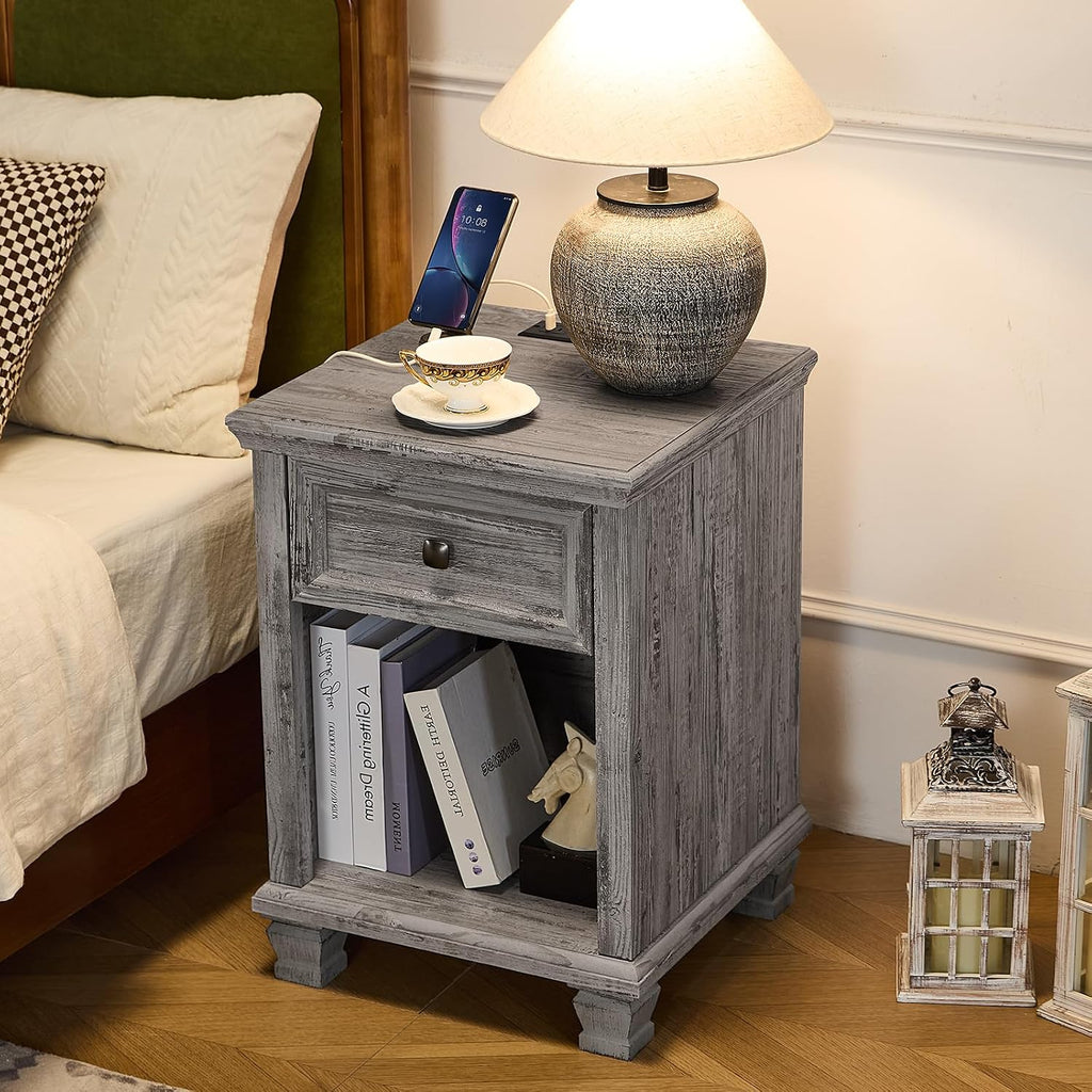 SAVOR LIFE Farmhouse End Tables Living Room Set of 2, Rustic Wood Nightstand with 1 Drawer, Bedside Table with Open Shelf for Bed Room, Side Table for Living Room, Grey