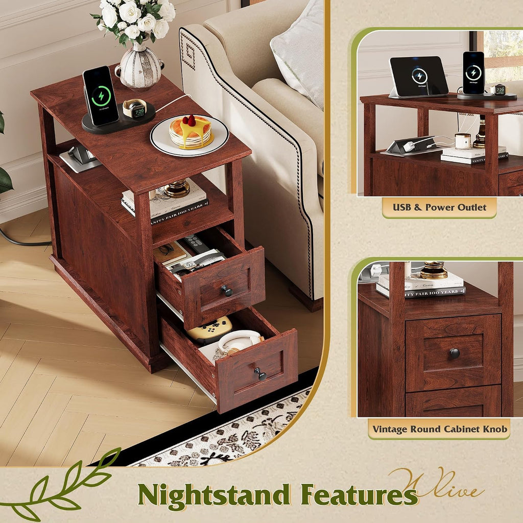 WLIVE End Table with Charging Station, Narrow Side Table for Living Room, Farmhouse Nightstand with Storage, Small Wooden Cabinet with USB Ports and Outlets for Living Room and Bedroom, Cherry