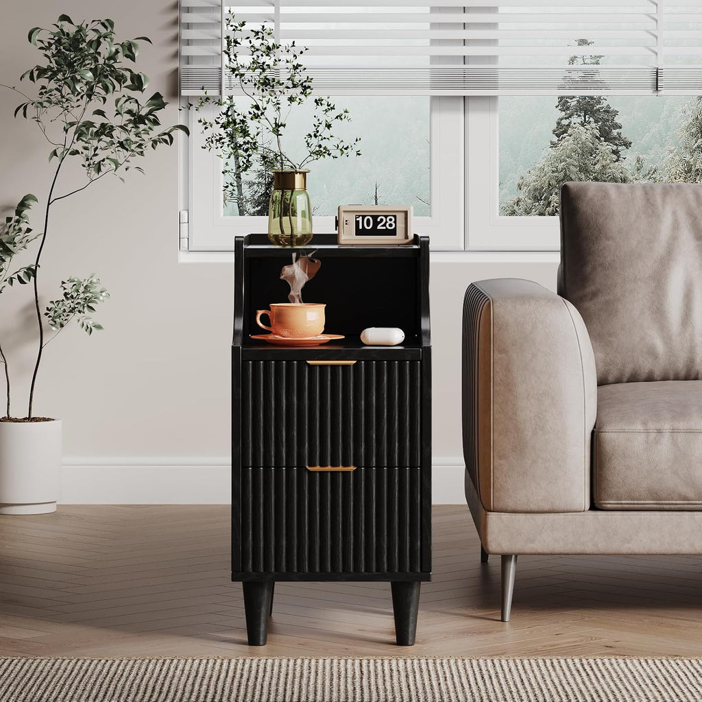 Fluted Nightstands Set of 2,Narrow Bedside Table with 2 Drawers & Storage, Farmhouse Walnut End Table Modern Side Table for Bedroom Livingroom Sofa Office, Small Space