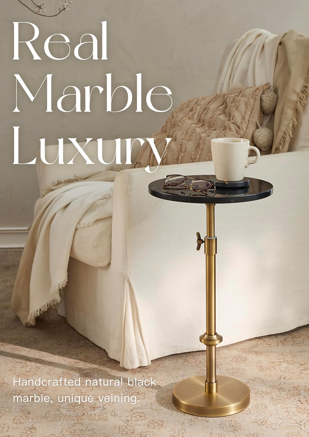 Adjustable-Height Marble Drink Table - 12x12x22-30, Black Marble & Antique Brass, Modern Round End Table, Side Table with Pedestal Stand for Small Spaces, Vintage Metal Martini Cocktail Accent