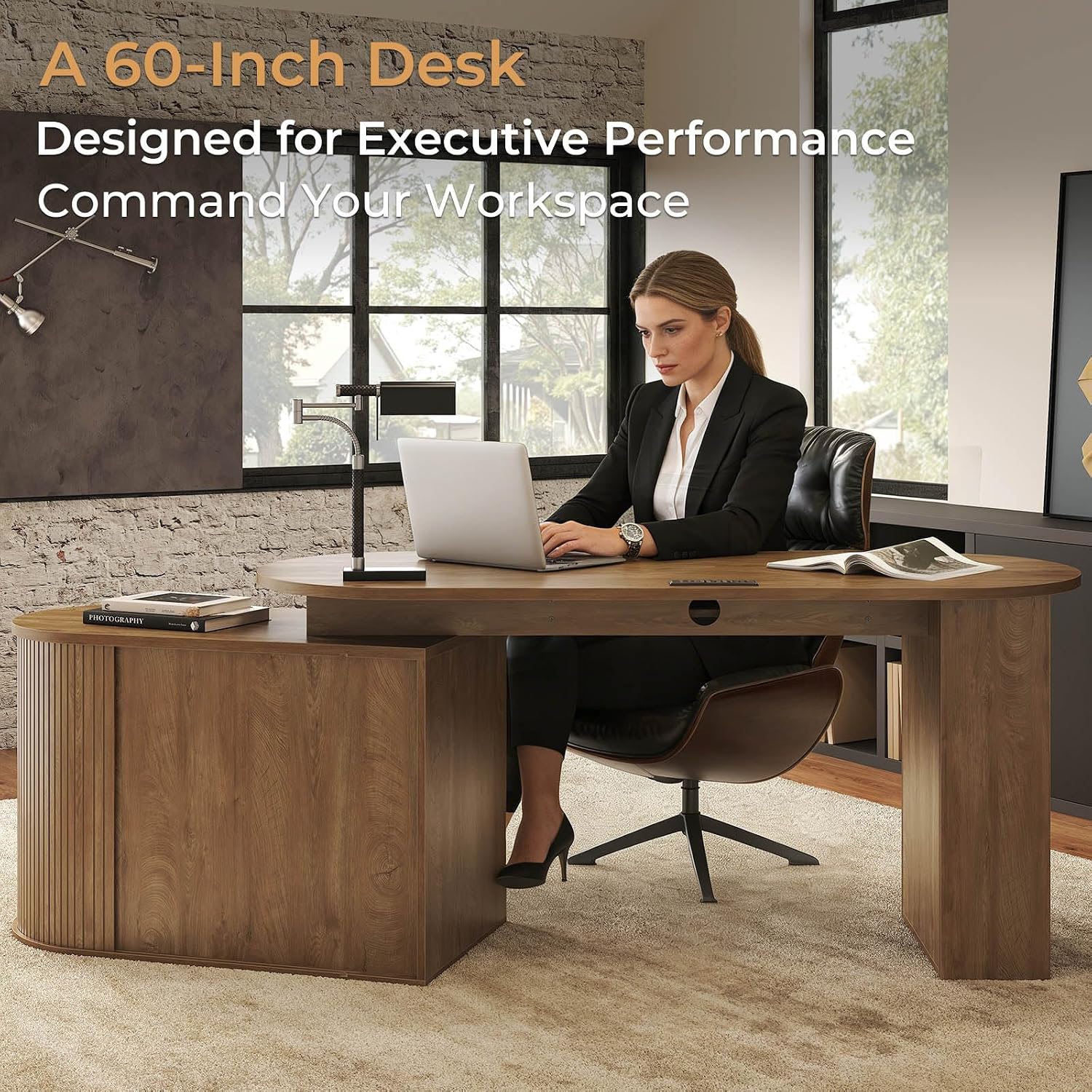 HSH L Shaped Computer Desk with Storage Cabinet, Reversible Office L Desk with Keyboard Tray and Open Shelves, Home Office Corner Executive Desk with Power Outlet, Annual Ring Wood, 60 Inch