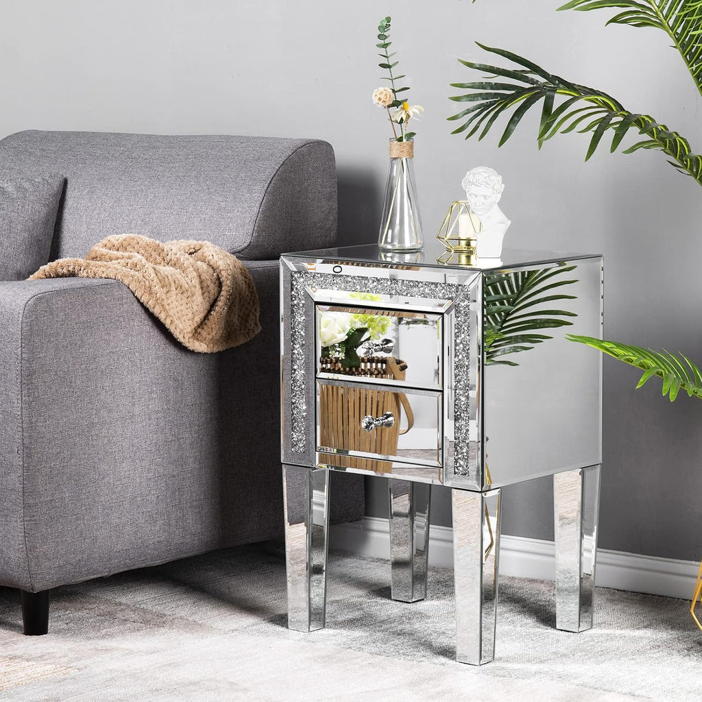 VINGLI Mirrored Nightstand Set of 2 Silver Glass Sofa/Couch Side Tables Bedroom End Tables with Storage, 24.8 inch Tall