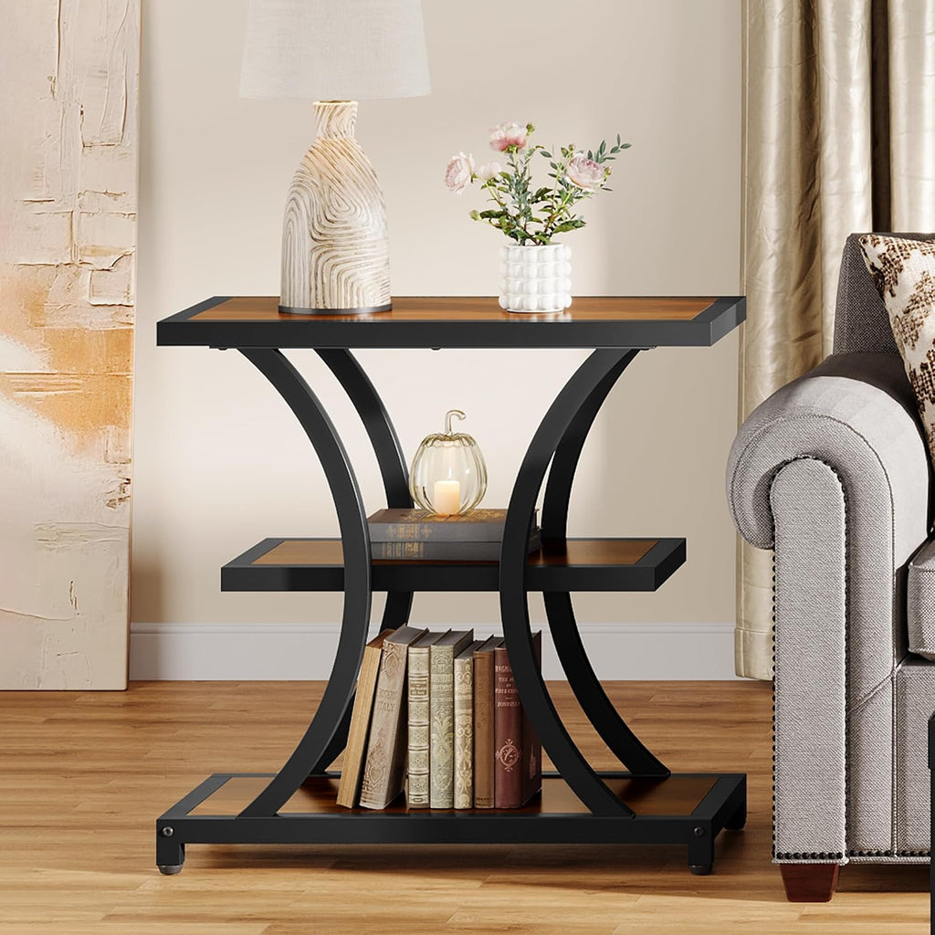 Tribesigns End Table Set of 2, 3-Tier Side Table with Geometric Metal Design, Industrial Nightstand for Small Spaces, Living Room, Bedroom, Study Room (Rustic Brown)