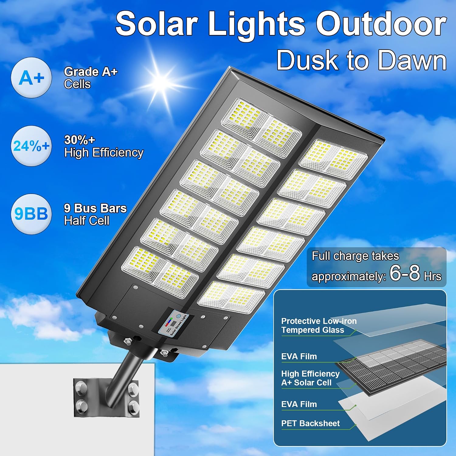 Solar Street Lights Outdoor Waterproof 9000W LED Solar Power Street Light Dusk to Dawn with Mention Sensor Flood Light Large Outdoor Solar Lights for Yard, Entryway Garage