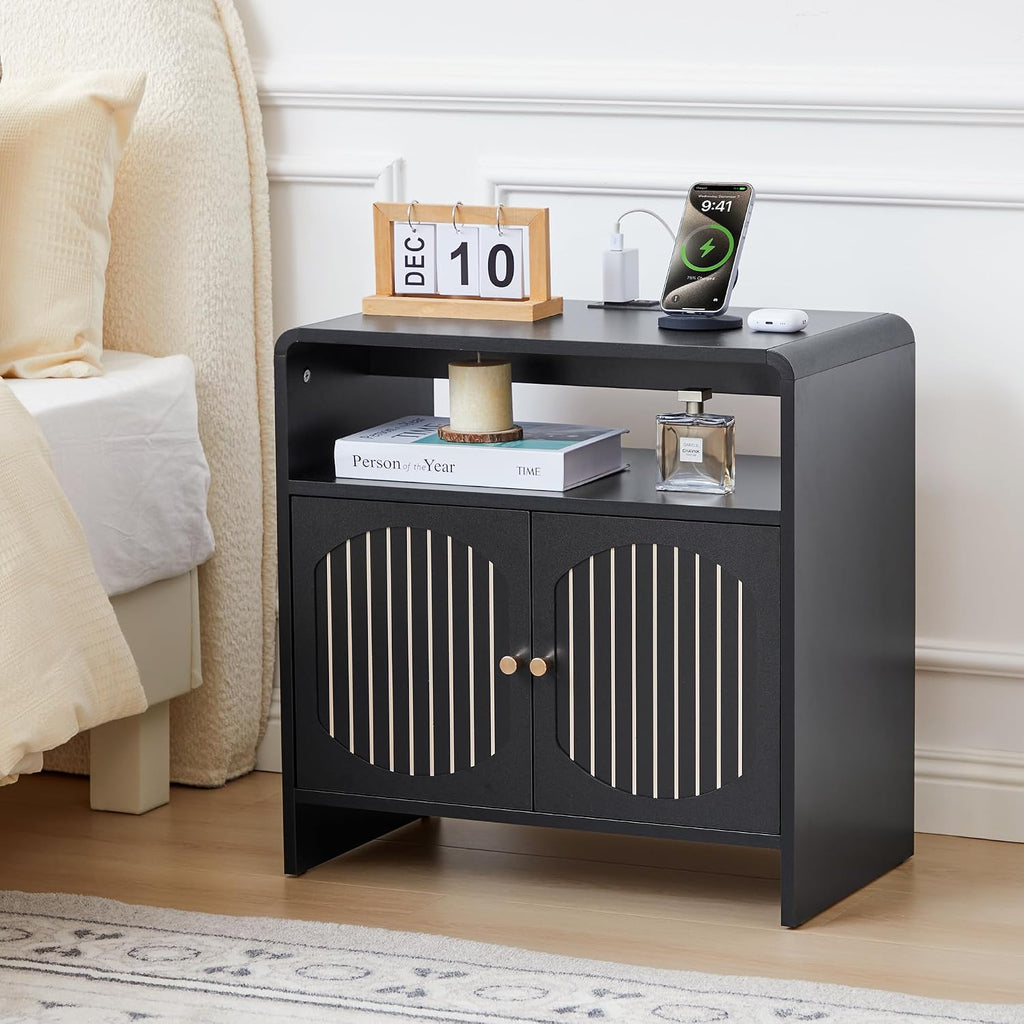 23.6' Modern Black Nightstand Set of 2 with Chariging Station 2AC+USB+Type-C, Classic Striped Side Table with Door+Storage Shelf, Rectangle End Table for Living Room, Bedroom (2, Black)