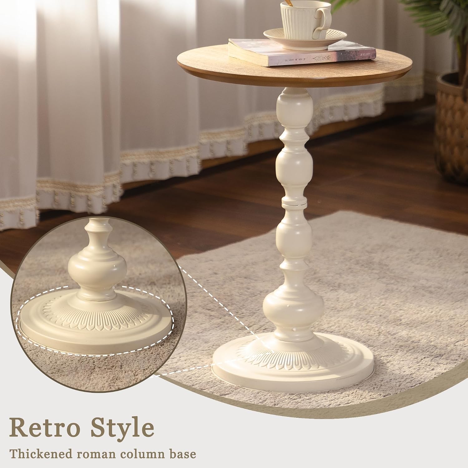 Small Round End Table, French Country Pedestal Accent Table with Wood Top & Vintage White Base, Farmhouse Side Table for Living Room, Bedroom, Small Spaces, 15.75' W x 20.87' H
