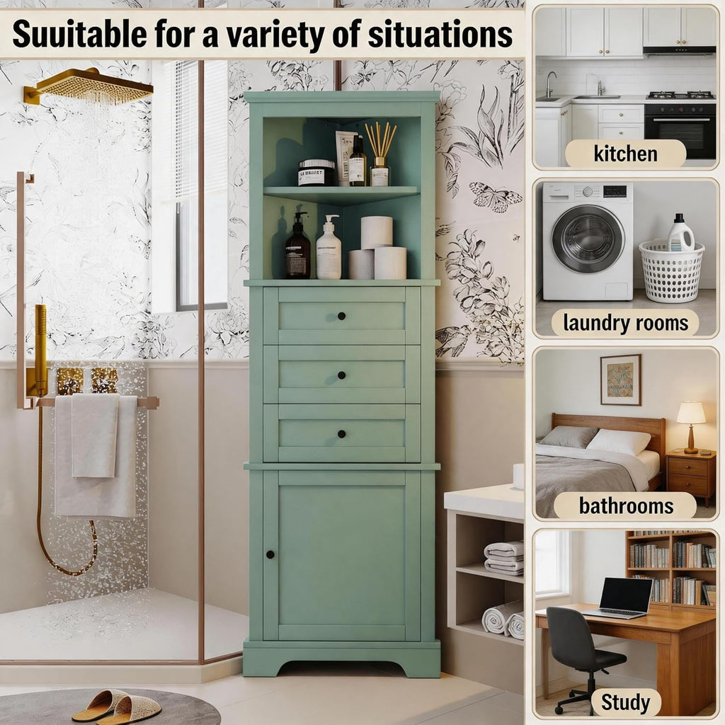 Corner Storage Cabinet with Adjustable Shelves, 68.9 in Tall | MDF, painted finish, adjustable shelves, corner fit, enclosed storage, bathroom, kitchen, 23 W x 13.4 D x 68.9 H in
