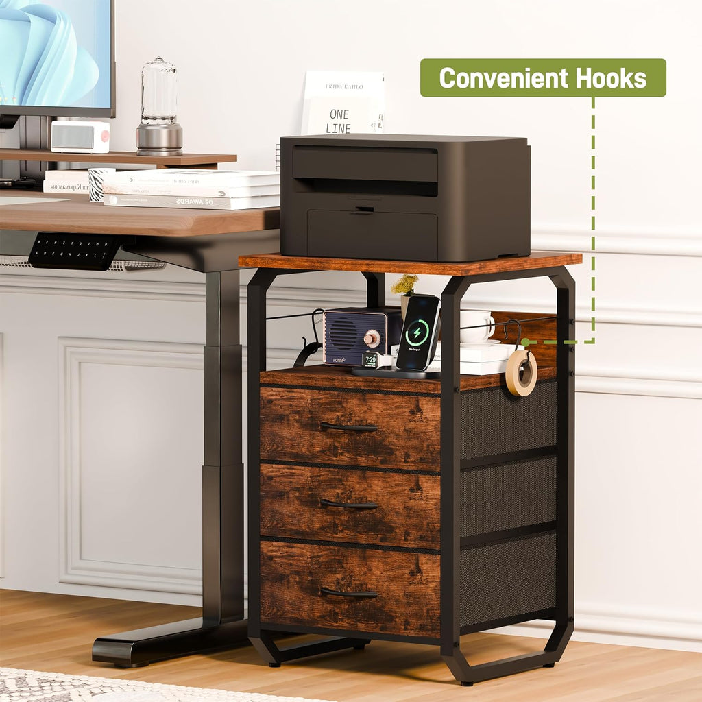 runjuly Night Stand Set 2, Nightstand with LED Lights and Fabric Drawers, Matching End Tables with Charging Station USB C Port, Bedside Tables with Hooks for Bedroom, Rustic Brown