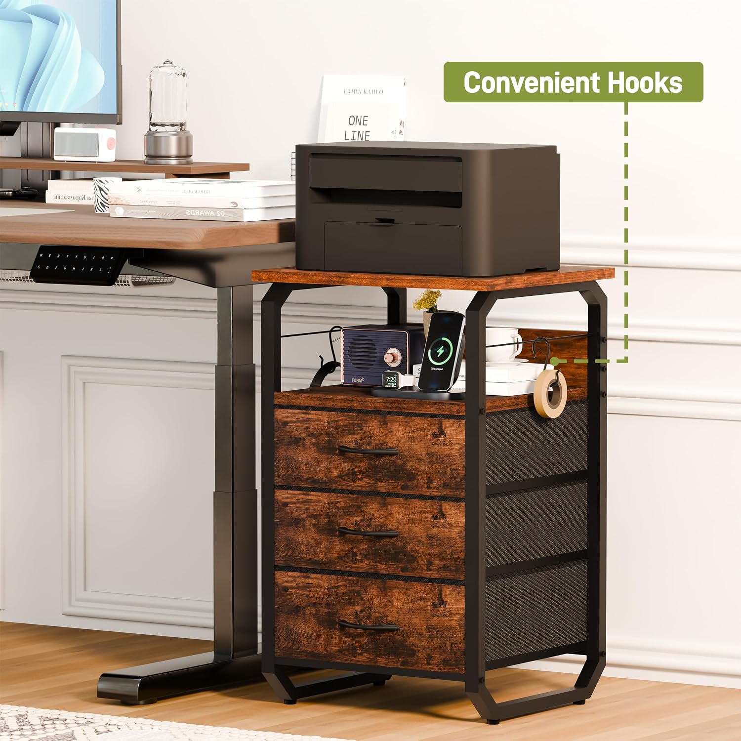 runjuly Night Stand Set 2, Nightstand with LED Lights and Fabric Drawers, Matching End Tables with Charging Station USB C Port, Bedside Tables with Hooks for Bedroom, Rustic Brown