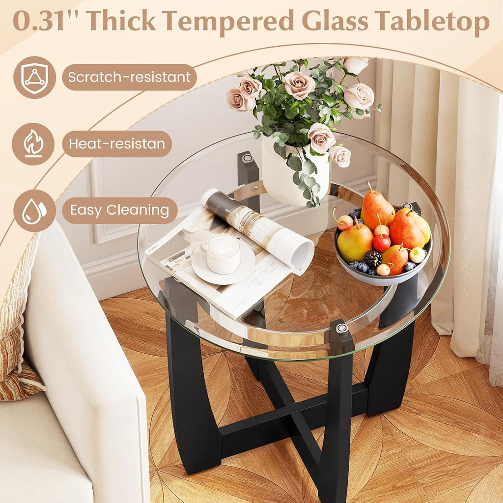 Giantex Round Glass End Table Set of 2, 24'' Side Table with Tempered Glass Top, Nightstands with Cross & Solid Rubber Wood Base, Compact Bedside Night Stand for Bedroom Office Living Room (2, Black)