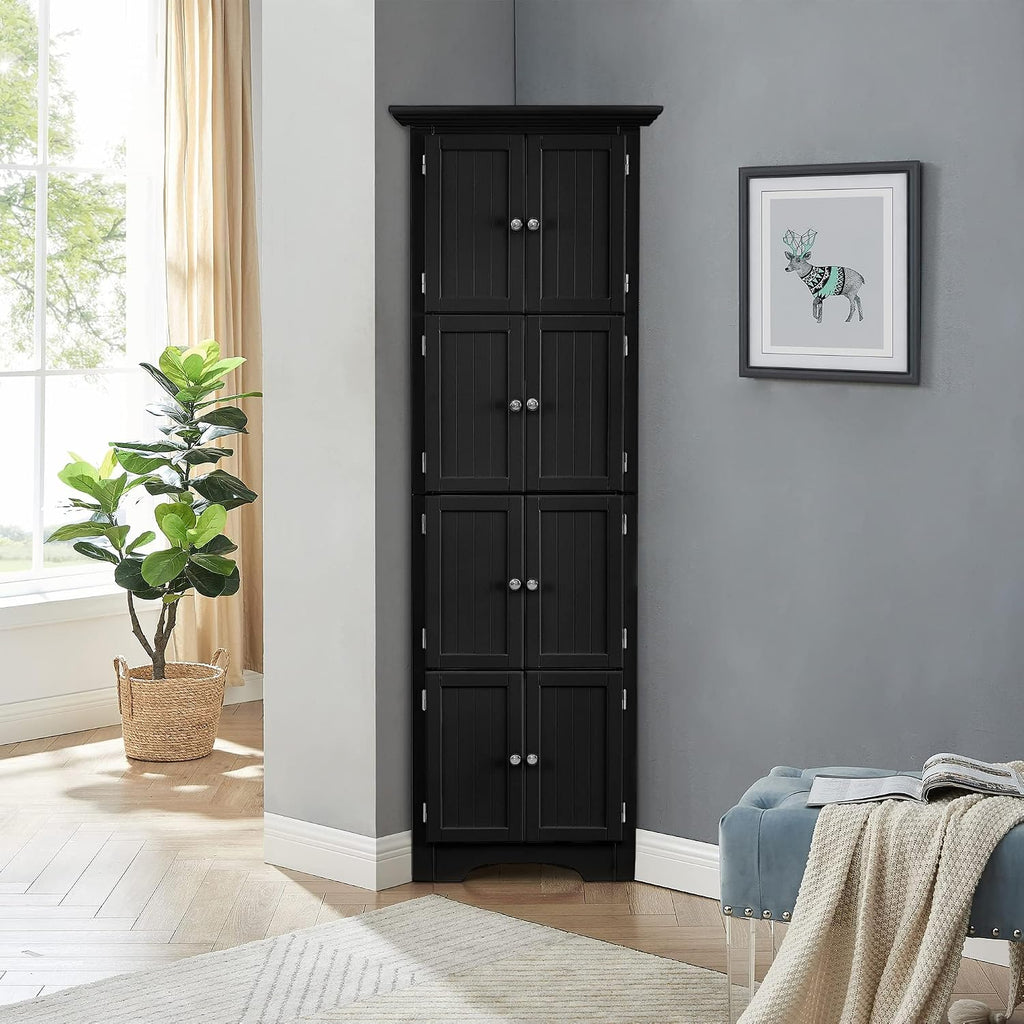 72' Tall Corner Storage Cabinet with Doors and 4 Shelves, Free Standing Corner Hutch Cabinet Kitchen Pantry Storage Cabinet Bookshelf Cabinet for Kitchen Living Room Bedroom (Black)
