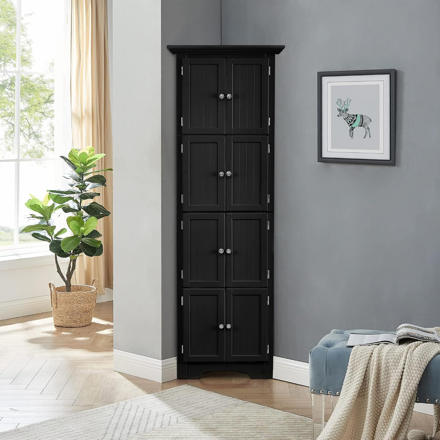 72' Tall Corner Storage Cabinet with Doors and 4 Shelves, Free Standing Corner Hutch Cabinet Kitchen Pantry Storage Cabinet Bookshelf Cabinet for Kitchen Living Room Bedroom (Black)