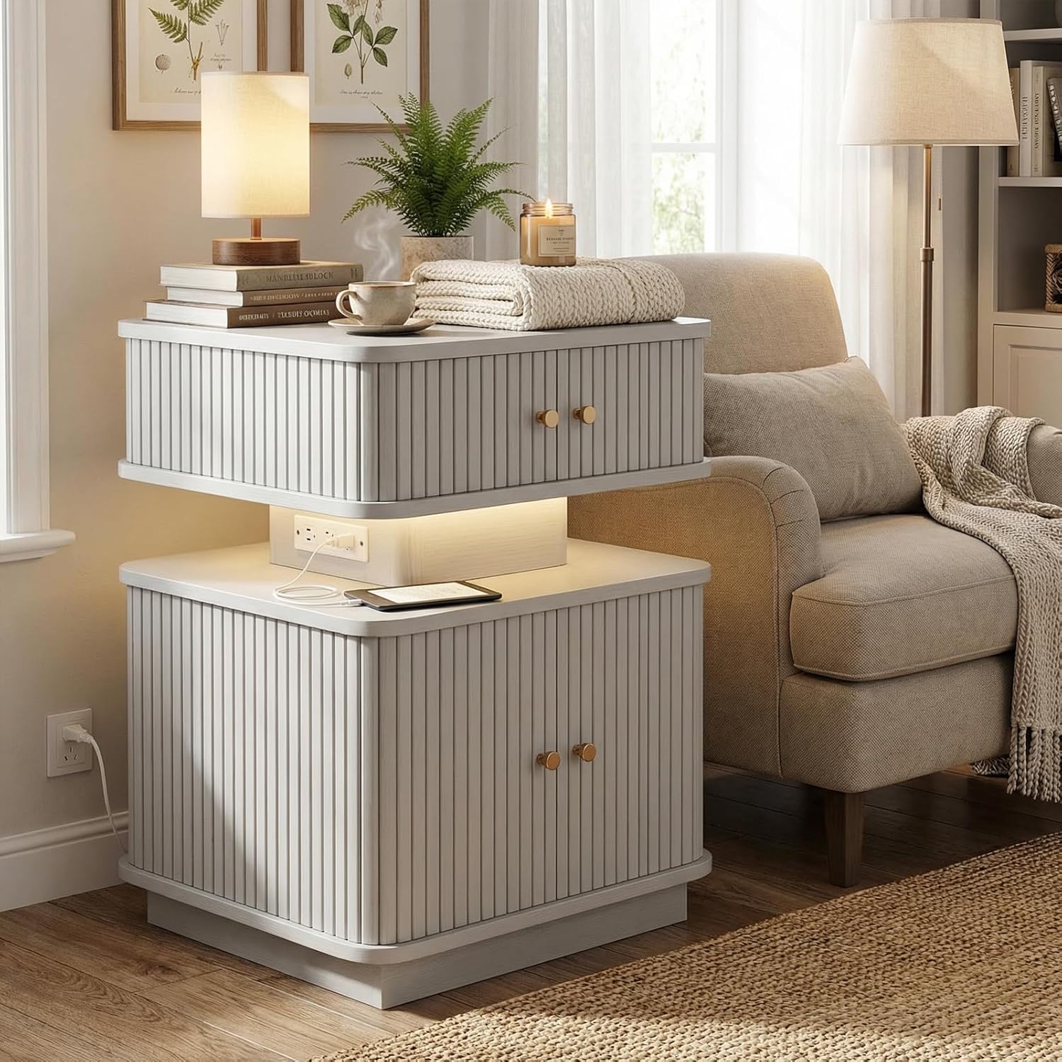 Set of 2 LED Light End Table with Charging Station, Grey Mid Century Bedside Table with USB Type A C Ports, Small Fluted Accent TV Control Nightstand with Sliding Door for Living Room, Curvy Edge