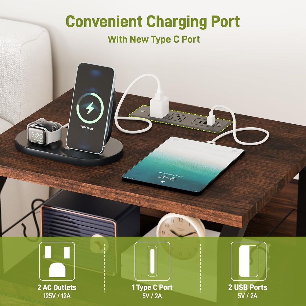 runjuly Night Stand Set 2, Nightstand with LED Lights and Fabric Drawers, Matching End Tables with Charging Station USB C Port, Bedside Tables with Hooks for Bedroom, Rustic Brown
