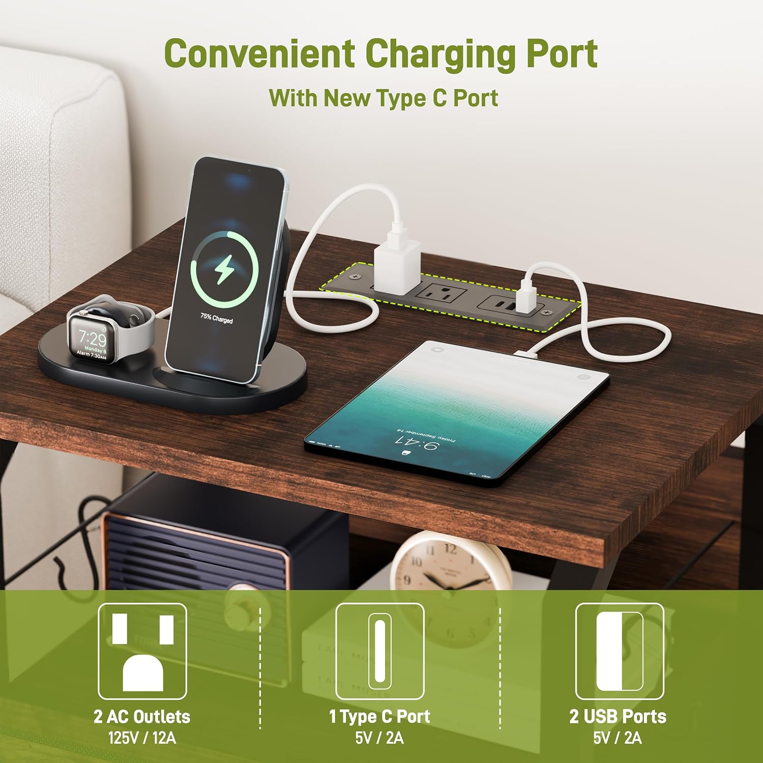 runjuly Night Stand Set 2, Nightstand with LED Lights and Fabric Drawers, Matching End Tables with Charging Station USB C Port, Bedside Tables with Hooks for Bedroom, Rustic Brown