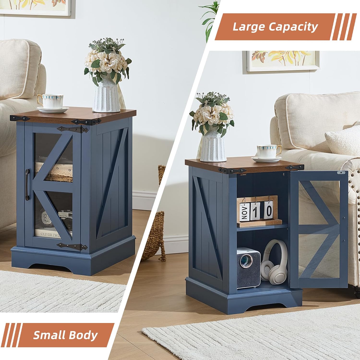 Joaxswe Farmhouse 14'' Side End Table Set of 2, Narrow Night Stand with Glass Barn Door, Storage Bedside Tables, Nightstand Cabinet Organizer for Small Spaces Living Room Bedroom