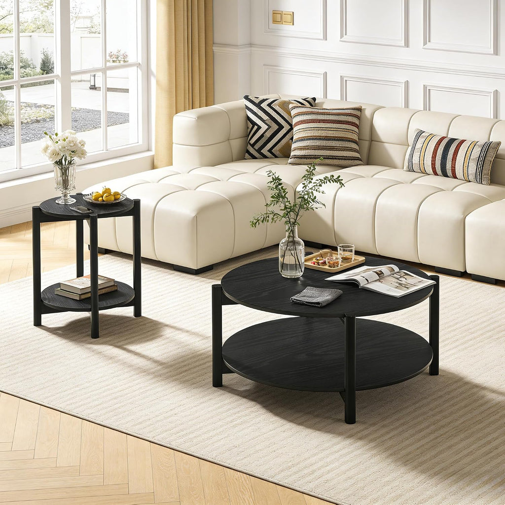 Round Coffee Table Set of 2, 34.4' Modern Wood Coffee Table and Side Table, Sturdy X-Brace Frame, 2 Piece Coffee Table for Living Room, Home Office