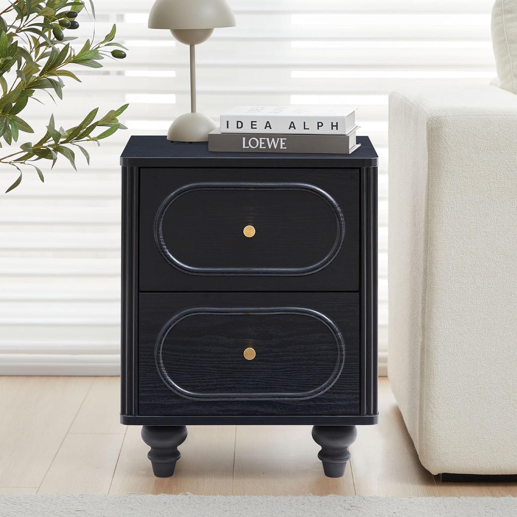 2 Drawer Fluted Nightstand Set of 2, Mid Century Modern Farmhouse Night Stand Small End Table Bedside Table for Bedroom, Living Room, Black