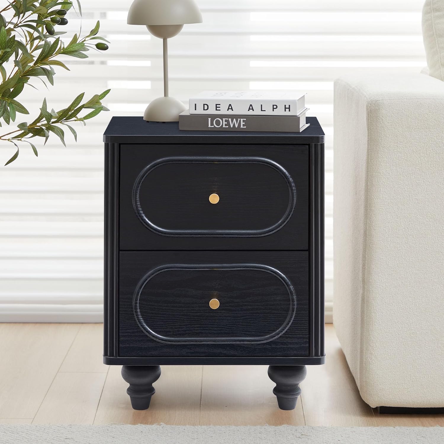 2 Drawer Fluted Nightstand Set of 2, Mid Century Modern Farmhouse Night Stand Small End Table Bedside Table for Bedroom, Living Room, Black