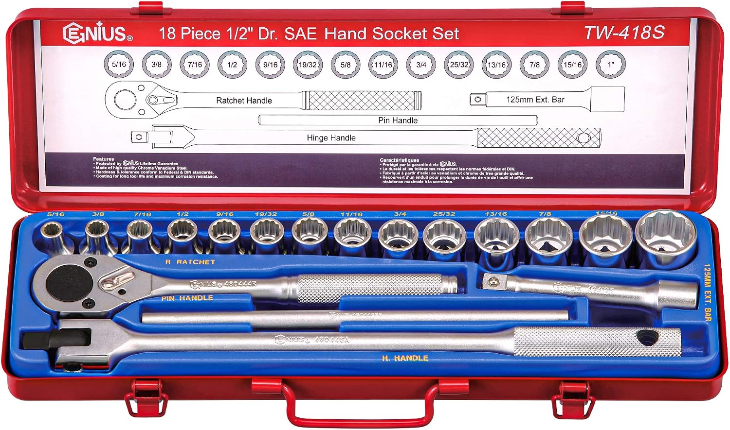 Genius Tools 18PC 1/2' Dr. SAE Hand Socket Set (12-Point) - TW-418S