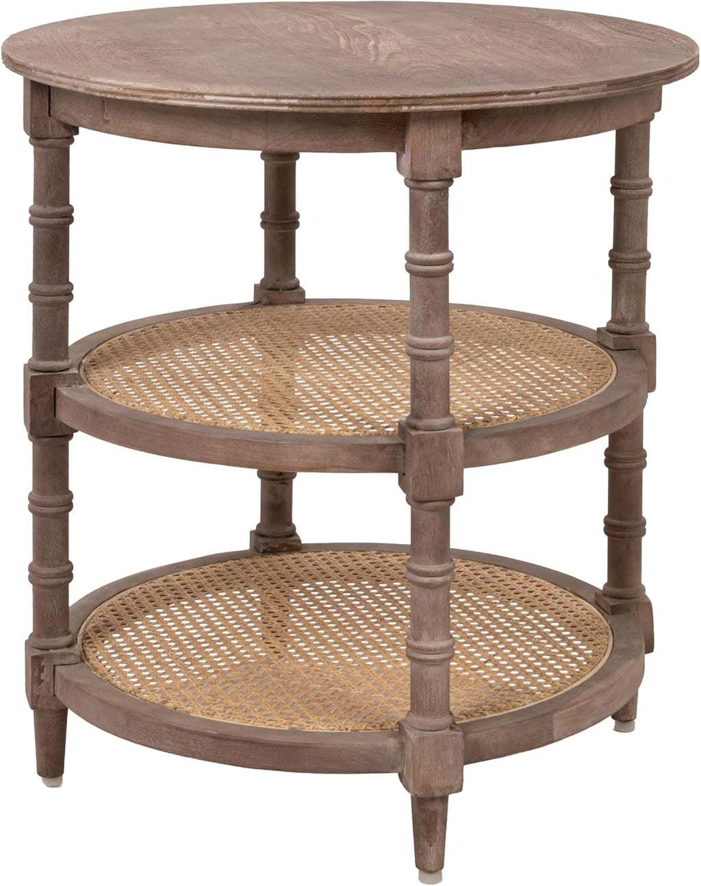Creative Co-Op Round Mango Wood Table with 2 Cane Shelves