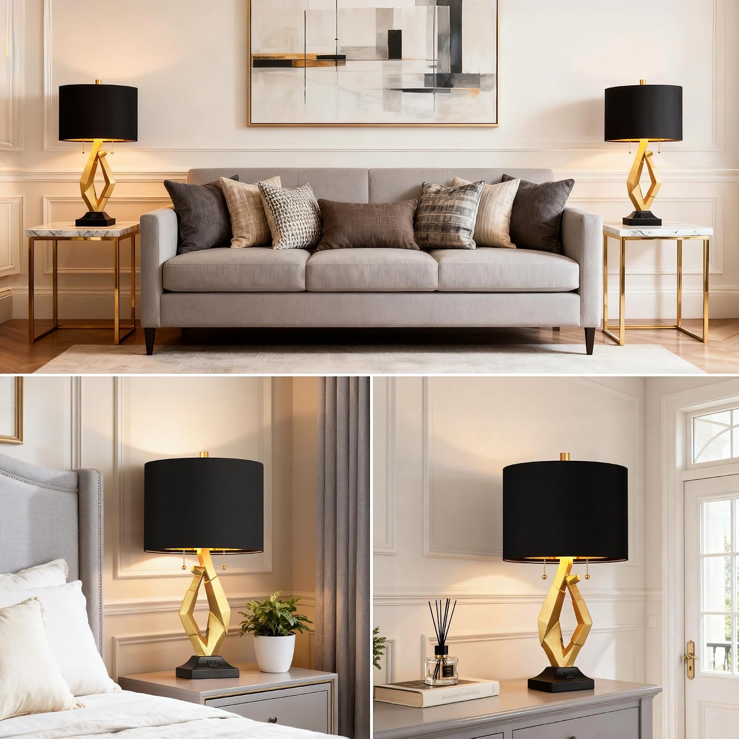 ROTTOGOON Sculptural Table Lamps for Living Room Set of 2 with USB Ports, 24.5' Modern Black and Gold Lamp with S Cluster Pull Chains Switch, End Table Lamps for Bedroom, Nightstand, Office